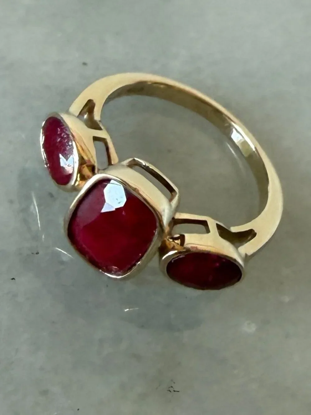 NIB 3.30 ct. Ruby Three-Stone Ring in 18kt Gold Over Sterling - 5 - 5.25